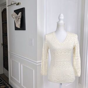 Polo Jeans Co Ralph‎ Lauren Womens M Cream Crochet Lace Knit Sweater Boho Spring
